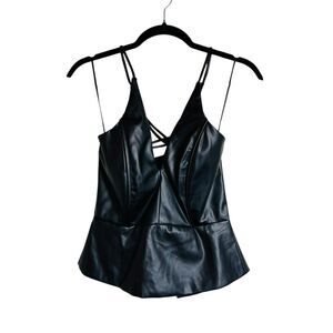 Bishop + Young Top Womens Small Black Faux Leather Peplum Strappy Party Vegan